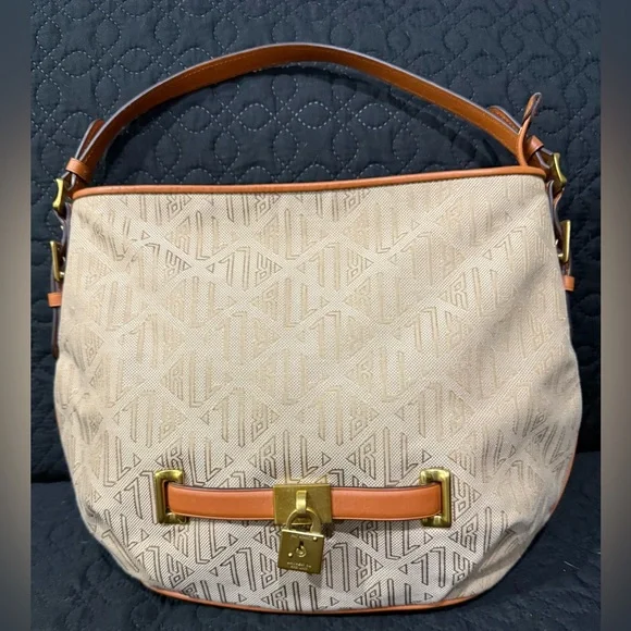 Ralph Lauren Cream and Tan Crescent Hobo Bag with Metal Accent - Picture 1 of 11